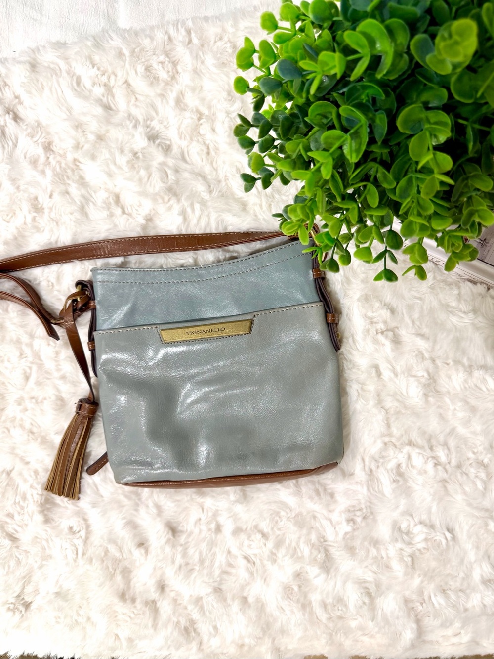 Light Blue Crossbody with Brown Trim and Tassel